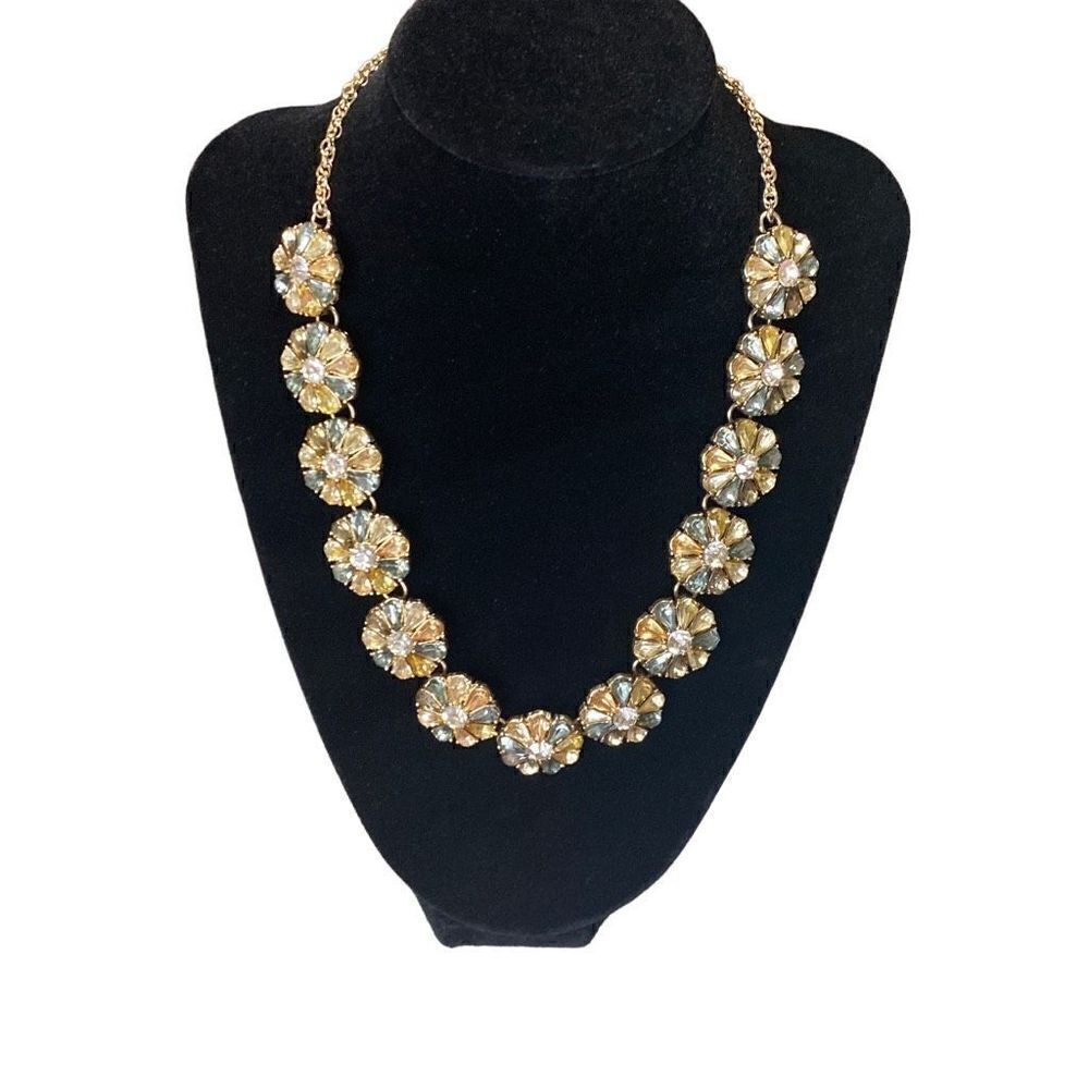 Statement Necklace Gold Tone Multicolor Rhinestone Flower Daisy Adj Length